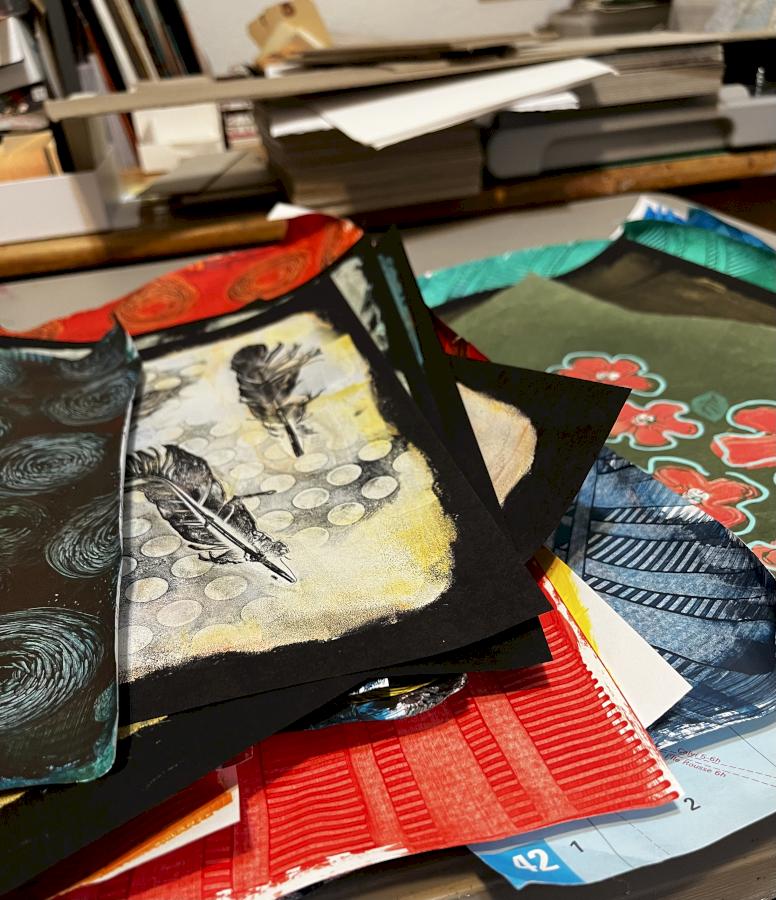 Some of my many original art papers I create to cover my journals. Each one is unique.