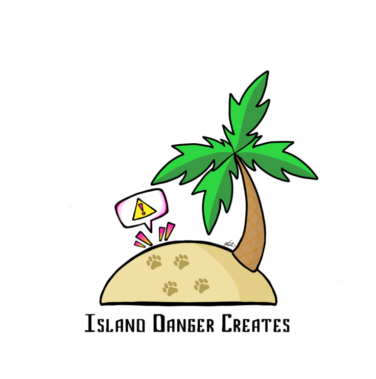 a PNG Logo of a palm tree on an island featuring paw prints and a hazard symbol in a speech bubble. The text at the bottom reads Island Danger Creates, the name of the business.