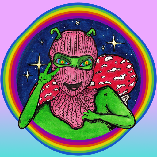 Drawings By DeLenn Logo. An Alien in a pink ski mask flashing a peace sign. Two Amanita Mushrooms sit behind the Alien Under the night sky. Boarding this image is a rainbow circle.