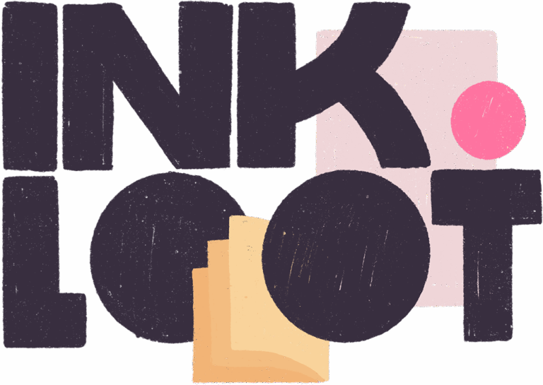 Logo for the art shop, Inkloot. It uses chunky, geometric hand drawn letters to spell Inkloot, with graphic shapes representing books, prints, and stickers interspersed within the letters.