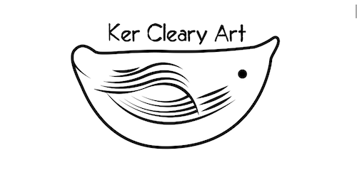 Pen and kink style drawing of a small curved bird with the words Ker Cleary Art over its back