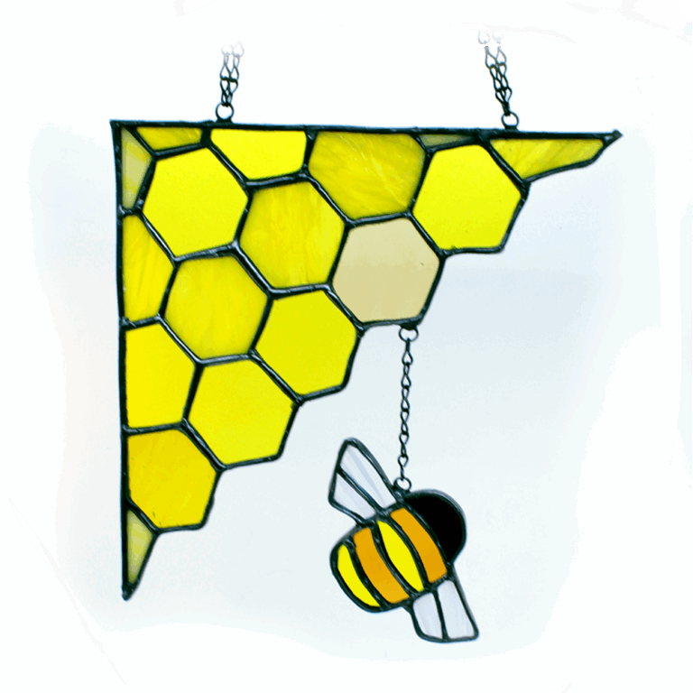 bee and hive in stained glass