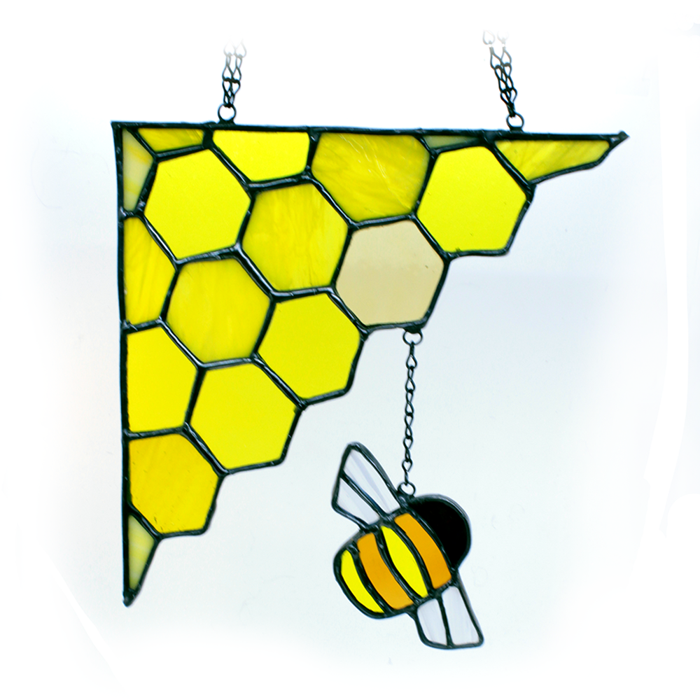 bee and hive in stained glass