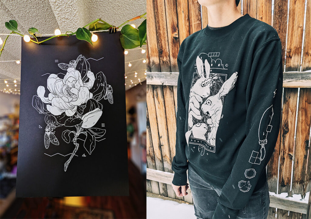 Image of two items available at the inkloot shop— a black and white screenprint of a magnolia with cicadas on it, and a sweatshirt with several frantic rabbits on the design.